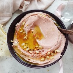 pink traditional hummus with beet root