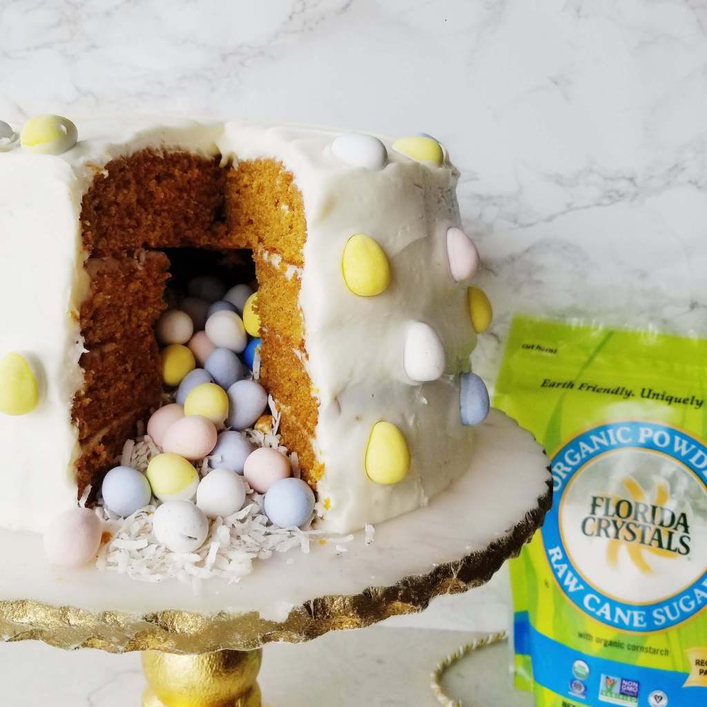 surprise carrot cake with the blue, pink, and yellow easter eggs spilling out of the inside