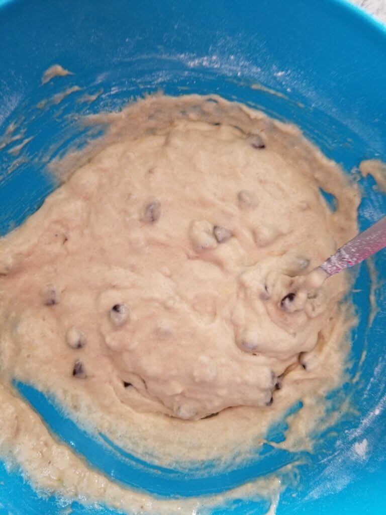 Mixed up sourdough banana chocolate chip muffin batter.