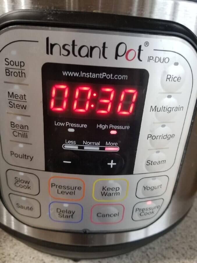 instant pot set to high pressure for 30 minutes