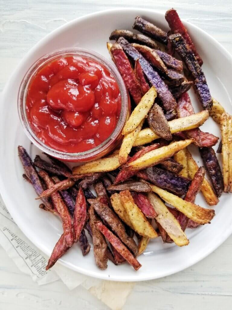 Air Fryer Rainbow Potato Fries with ketchup