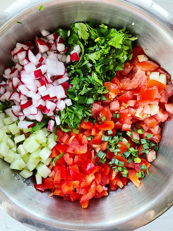 Arabic Chopped Salad in a stainless steel bowl