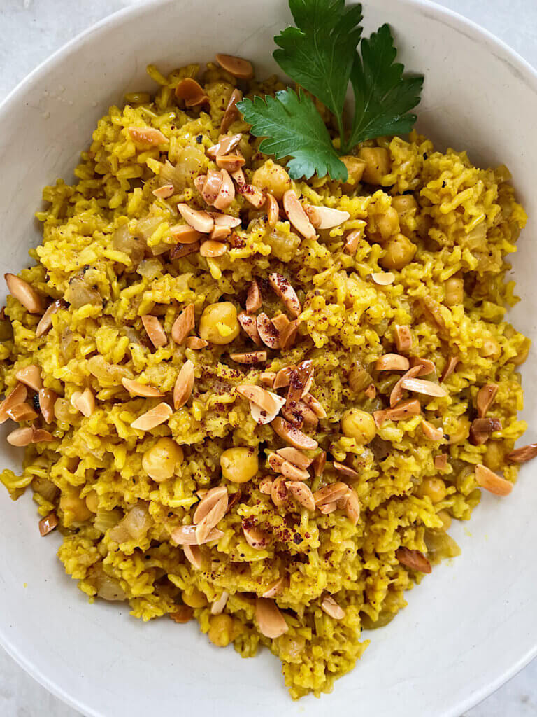 Arabic yellow rice with chickpeas and saffron