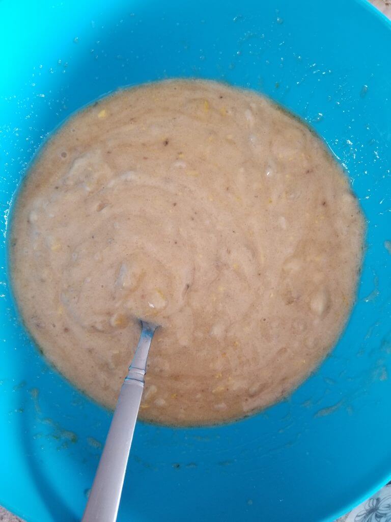 wet mixture of the banana muffin batter