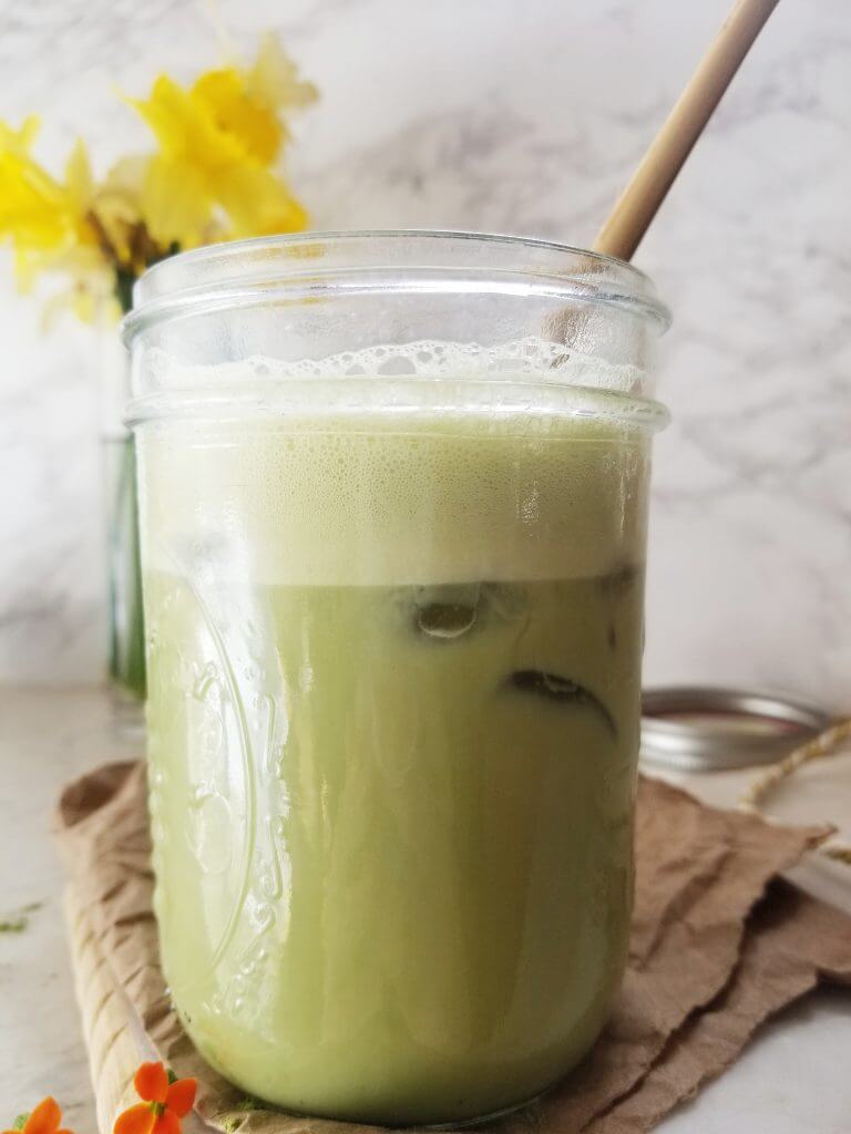 dunkin iced matcha latte in a mason jar