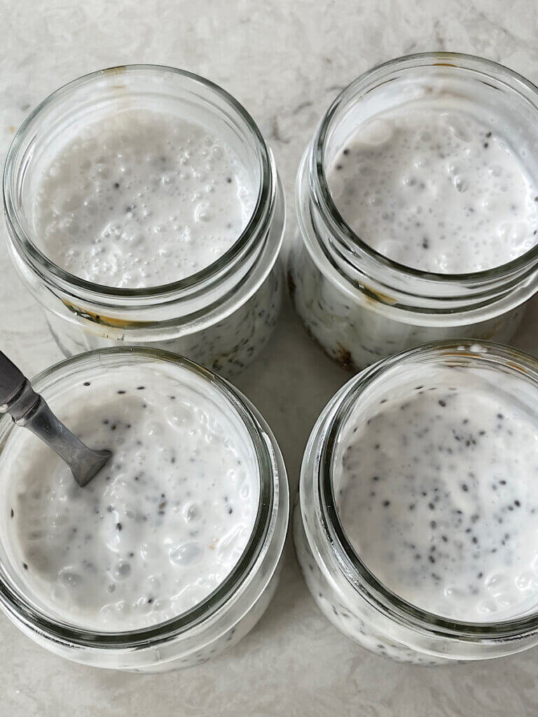 coconut chia seed pudding recipe in 4 glass jars