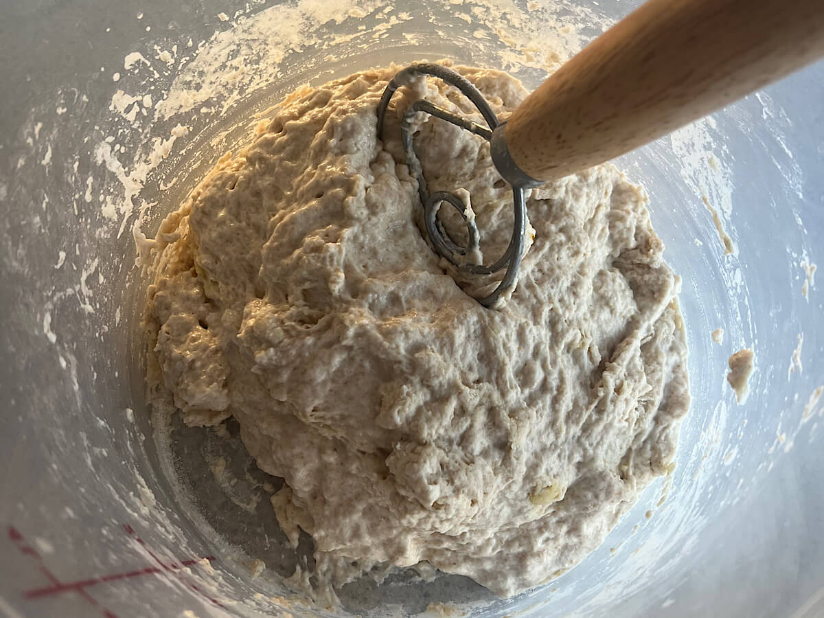 mixing sourdough focaccia dough