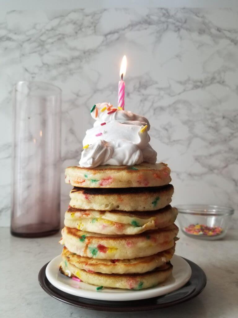 funfetti pancakes with birthday candle