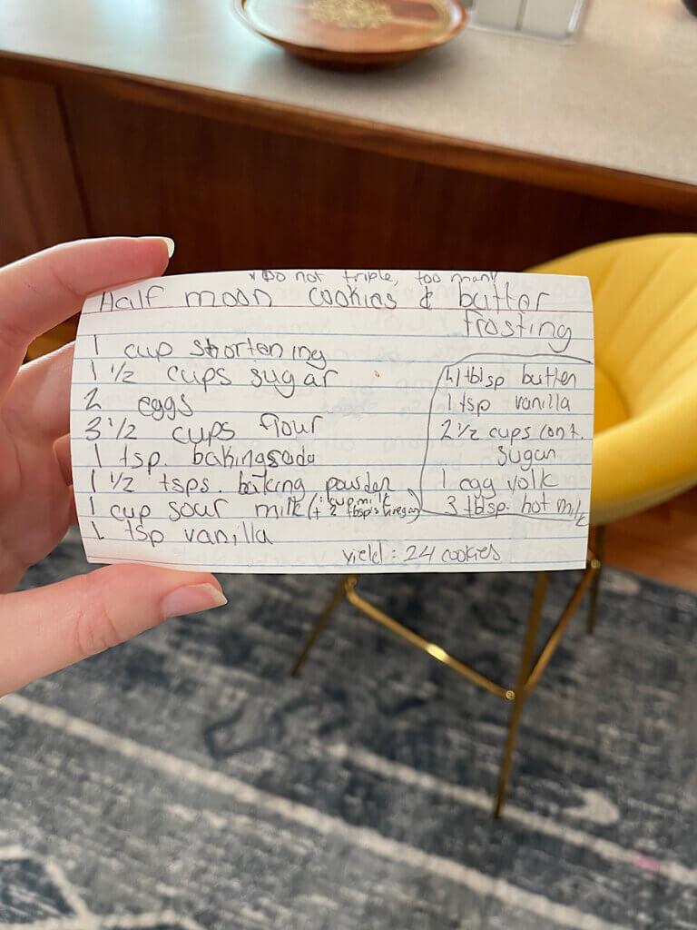 old fashioned half moon cookie hand written recipe card