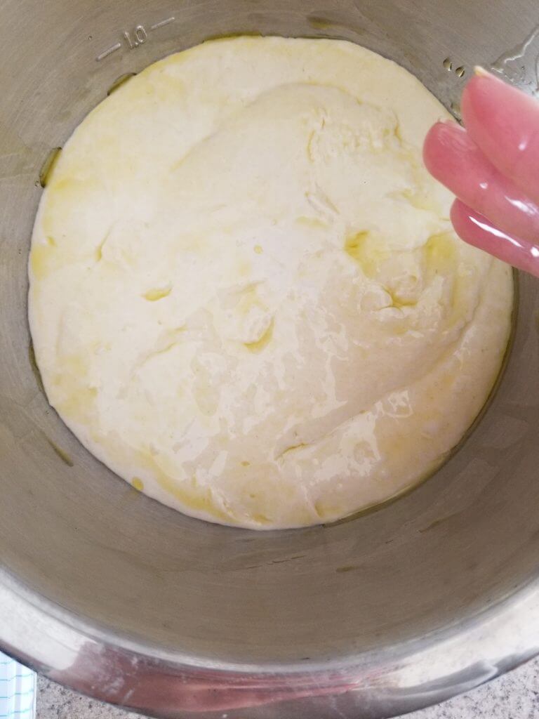olive oil rubbed across the ciabatta bread dough