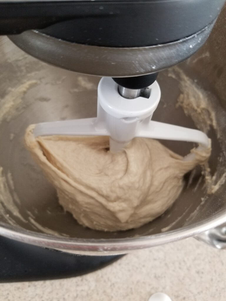 dough for the homemade ciabatta bread recipe coming together into a ball