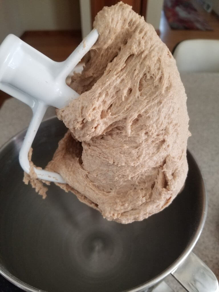 dough on the paddle attachment in the standing mixer