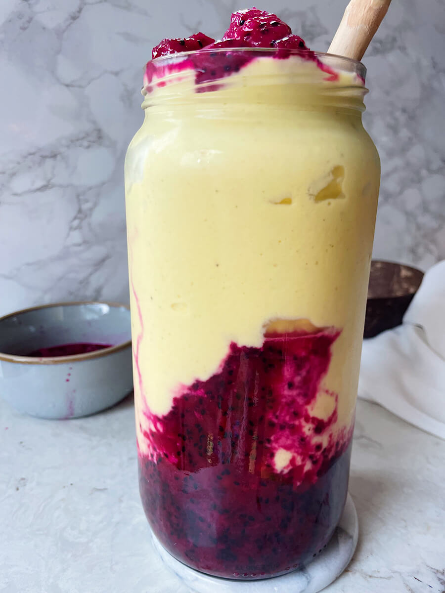 layered smoothie recipe with thawed dragon fruit