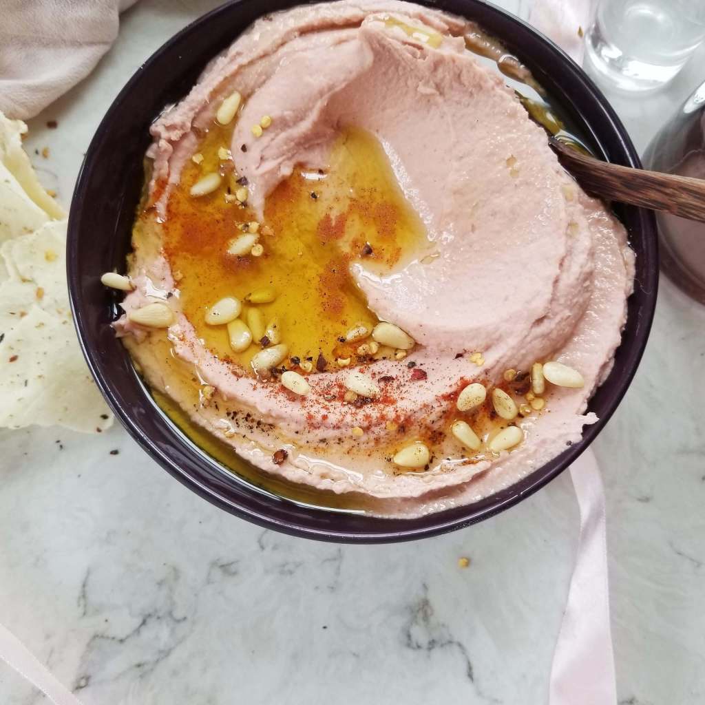 traditional hummus with beetroot powder