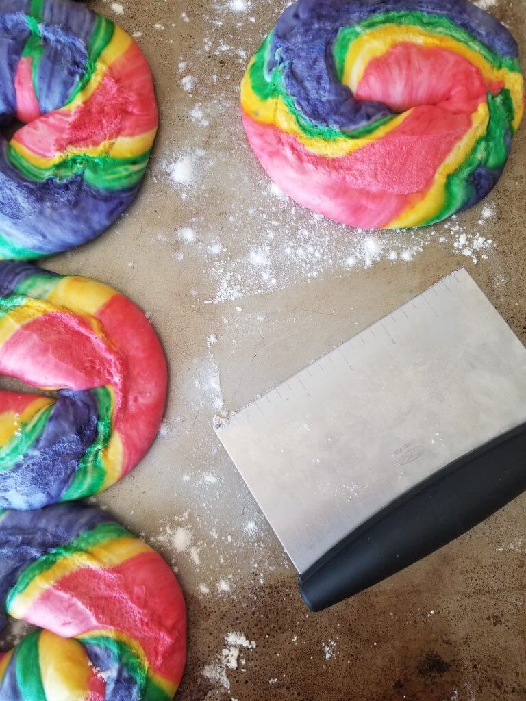 sourdough rainbow bagels after they have risen overnight