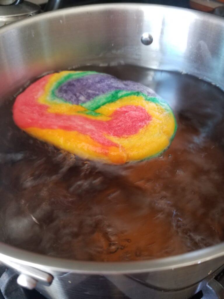boiling the sourdough rainbow bagels