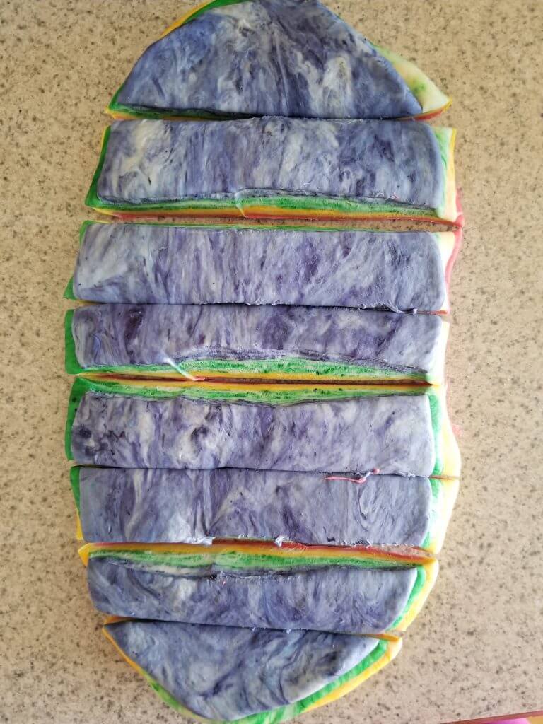 cutting the rainbow dough