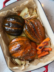 Roasted acorn squash soup ingredients after roasting in the oven