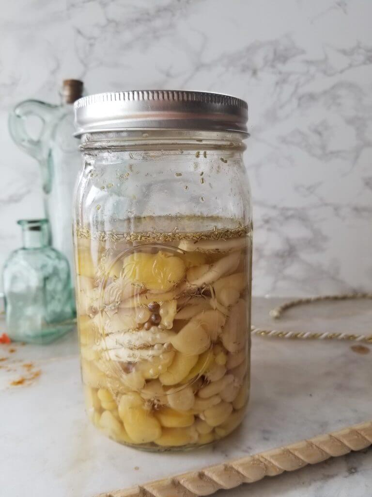 large wide mouth mason jar with Marinated Fava Beans on a white marble counter