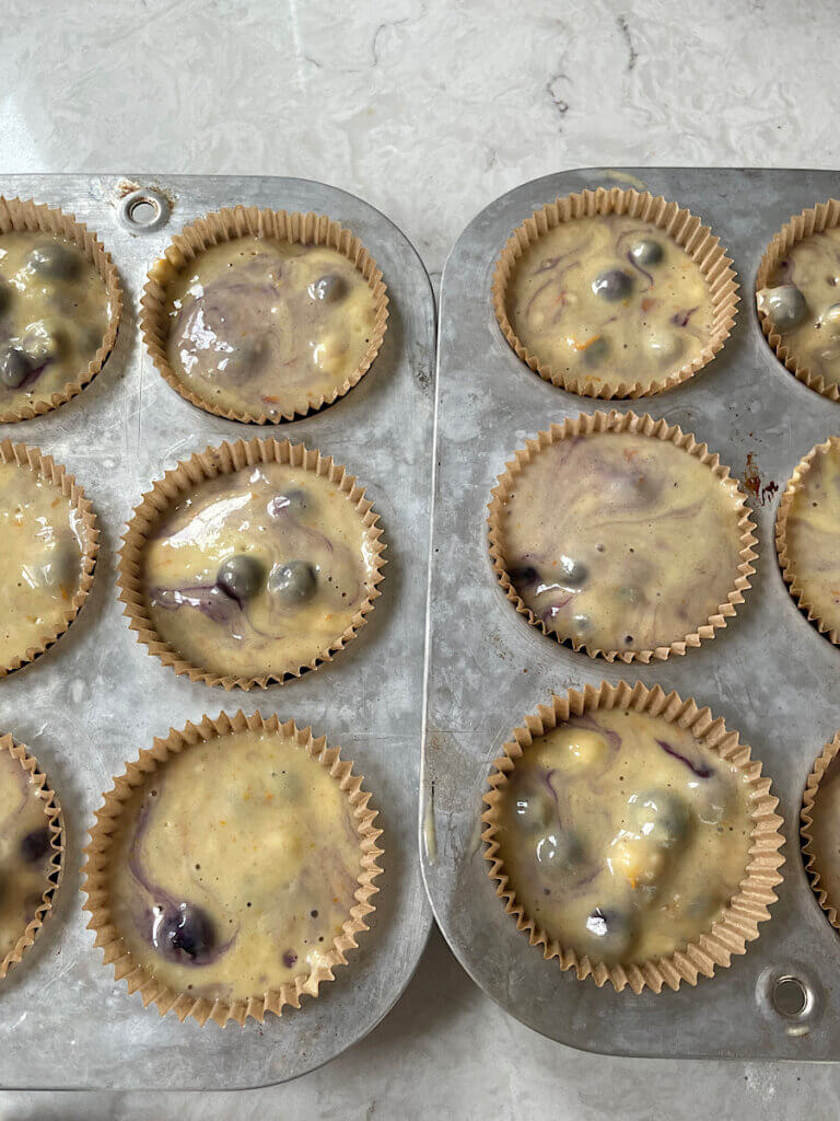 sourdough discard blueberry muffins before baking