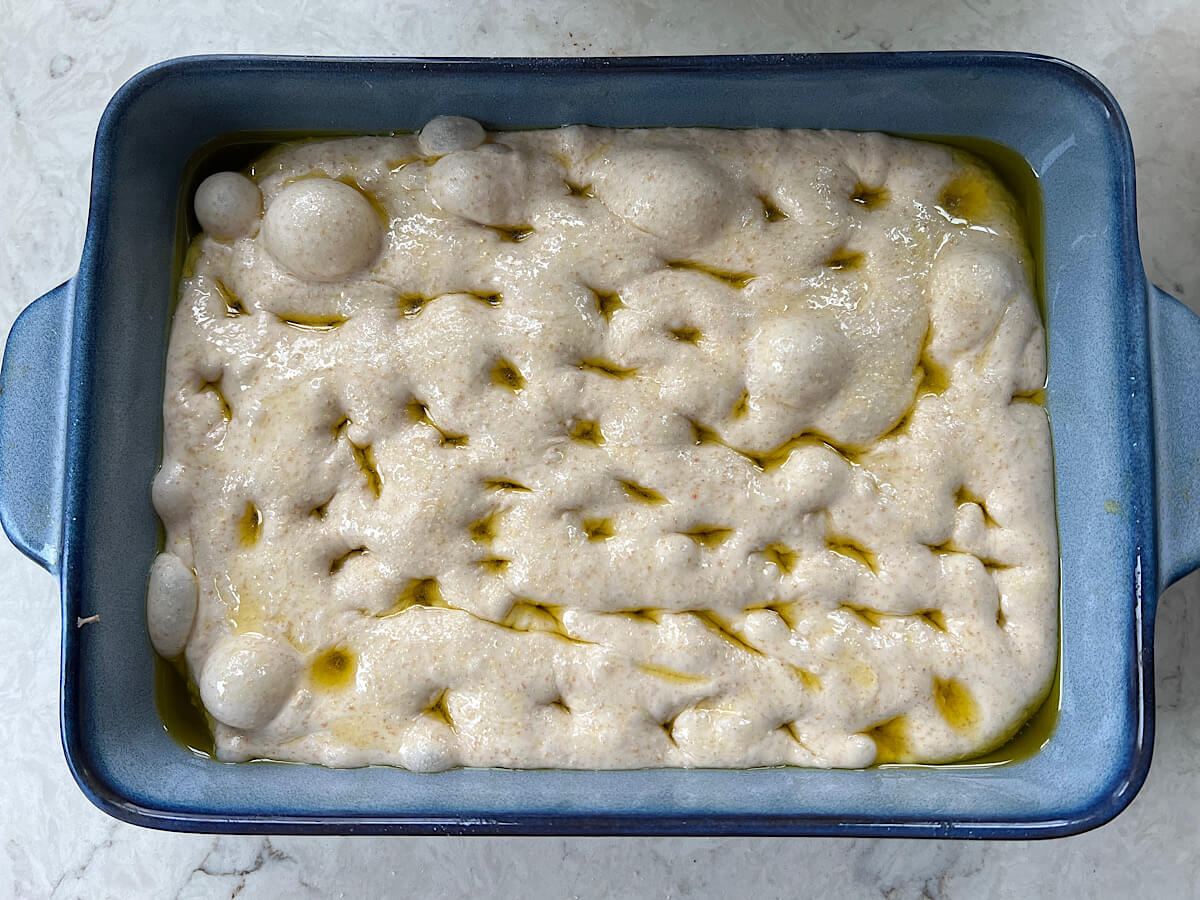 dimple the focaccia sourdough before baking