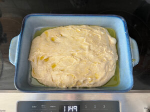 sourdough focaccia dough before second rise