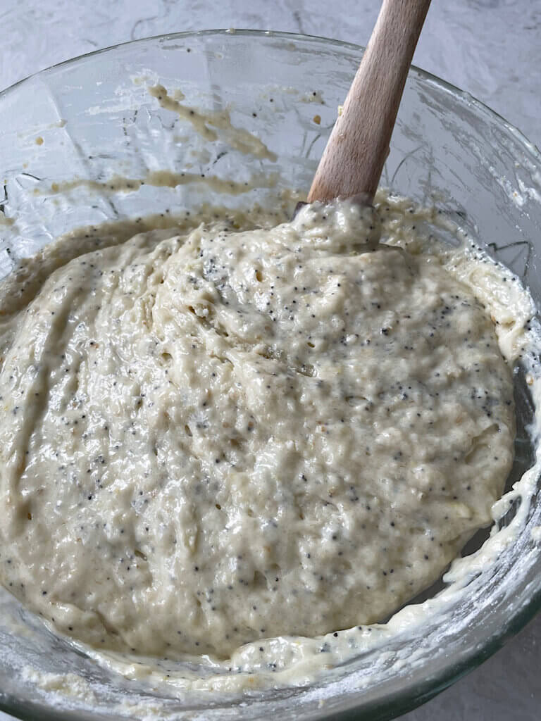 wet mixed into dry ingredients with poppy seeds