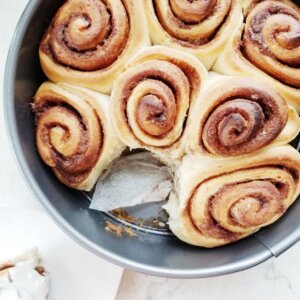 vegan sourdough cinnamon rolls after baking
